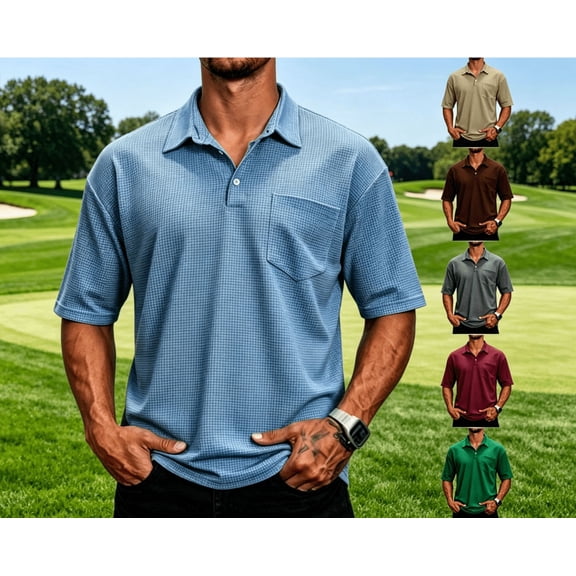 Mens Waffle Knited Polo Shirts Short Sleeve Quick Dry Jacquard Performance Moisture Wicking Casual Pocket Golf Shirts for Men Big and Tall Size M-3XL Wine