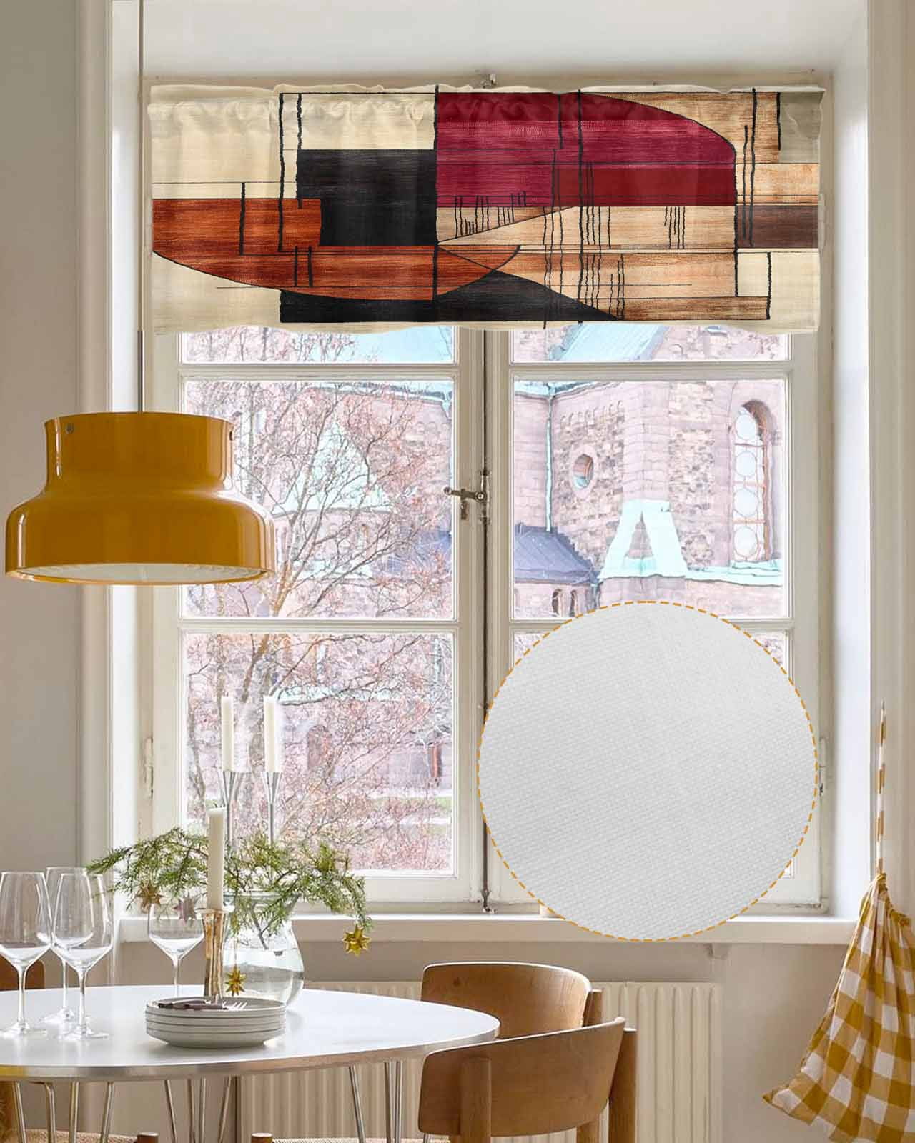 Red Beige Geometric Kitchen Valances for Windows Farmhouse Linen Window Valance Curtain for Living Room Window Treatment Modern Abstract Art Valance Rod Pocket Topper Drape, 60 x 18 Inch