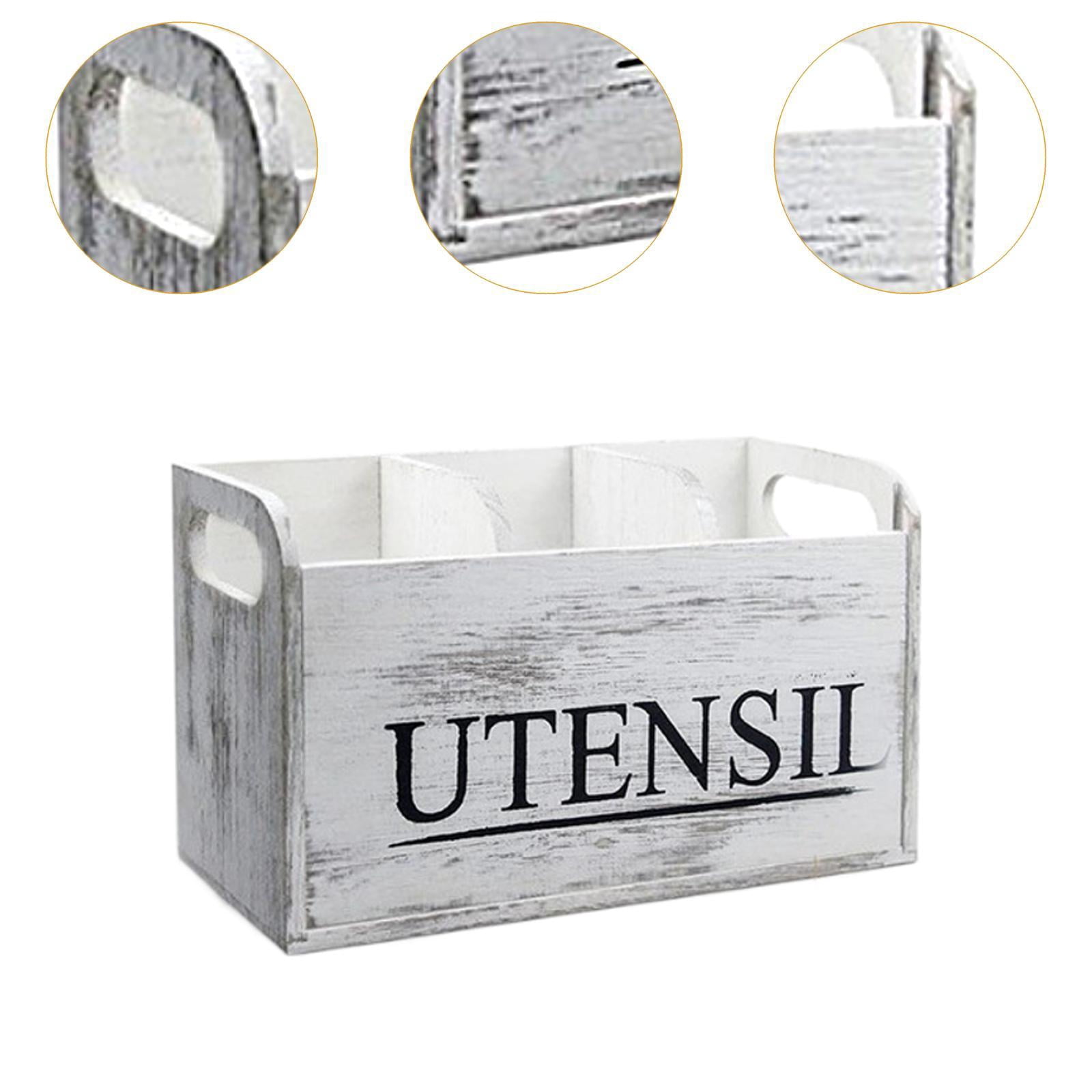 Fiocias White Wooden Utensil Holder with 3 Compartments Cutlery Holder Utensil Organizer