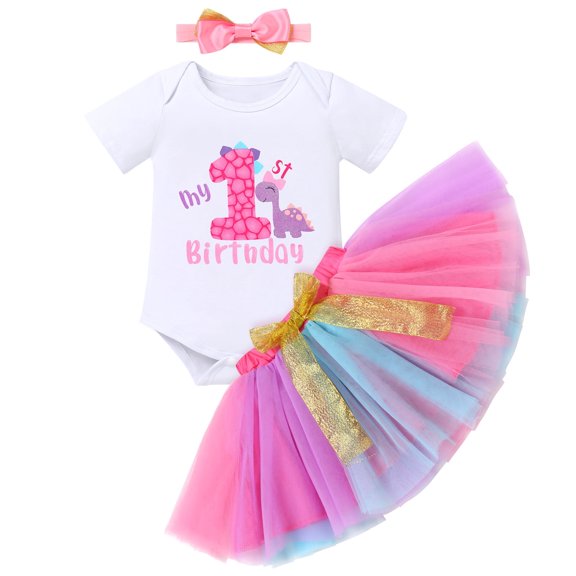IBTOM CASTLE Infant Baby Girls Dinosaur Themed Party 1st Birthday Outfit Princess Romper Tutu Skirt Headband Clothes Set for Photo Shoot 1 Year Purple