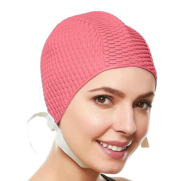 Beemo Swim Bathing Caps for Women or Girls Retro Style Latex Bubble Crepe Swimming Hat with Chin Strap for Long or Short Hair - Light Pink