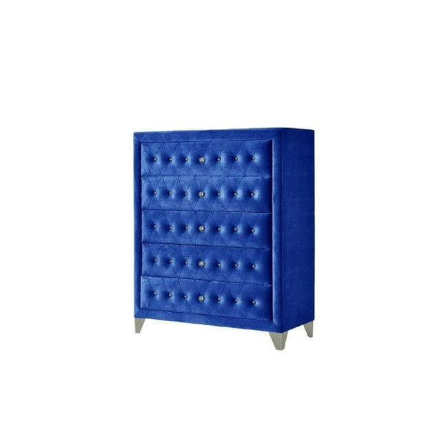 Acme Furniture 5 Drawers Velvet chest with Button Tufted, Blue