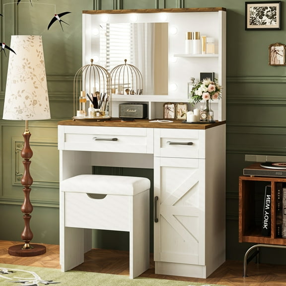 Dranite 31" Farmhouse Vanity Desk with Lights & Mirror, 2 Drawers, Glass Top & Storage