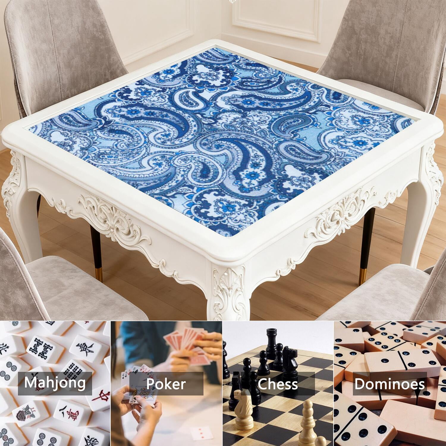 Traditional Boho Pattern Anti-Skid Rubber Table Topper 31.5x31.5 Inch Mahjong Playing Mat with Quiet Surface for Card Games Board Games and Game Nights