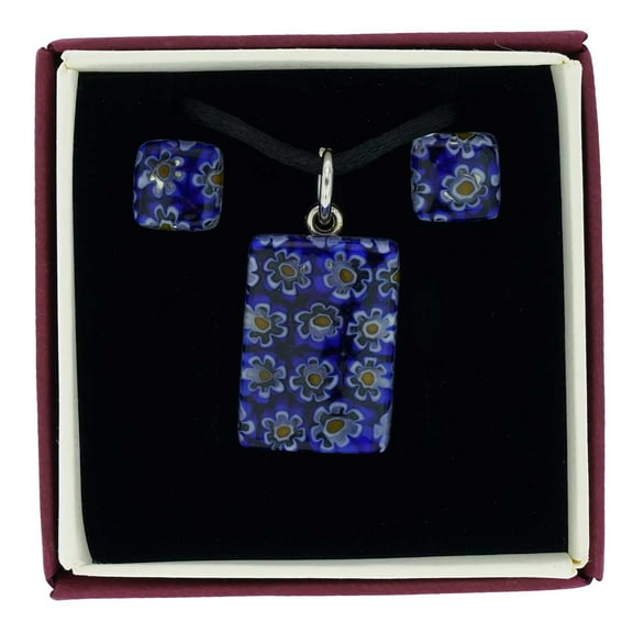 GlassOfVenice Murano Glass Millefiori Necklace and Earrings Set - Navy Blue