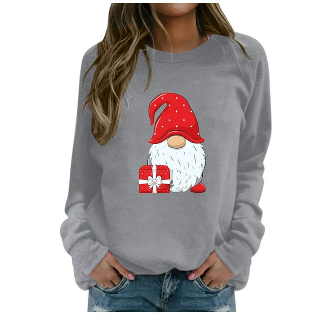Pull de Noël pour Femmes Col Rond Cardigan d'Hiver Manches Longues Fermeture Blouse Chandail à Capuchon Veste Mi-Longue Imprimée Mode Chandail en Molleton