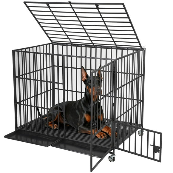 Dog Crate Walmart - Heavy Duty 36" Escape-Proof Metal Kennel with 3 Doors, Removable Tray & Wheels - Large Indoor Cage for Medium/Large Dogs - Black