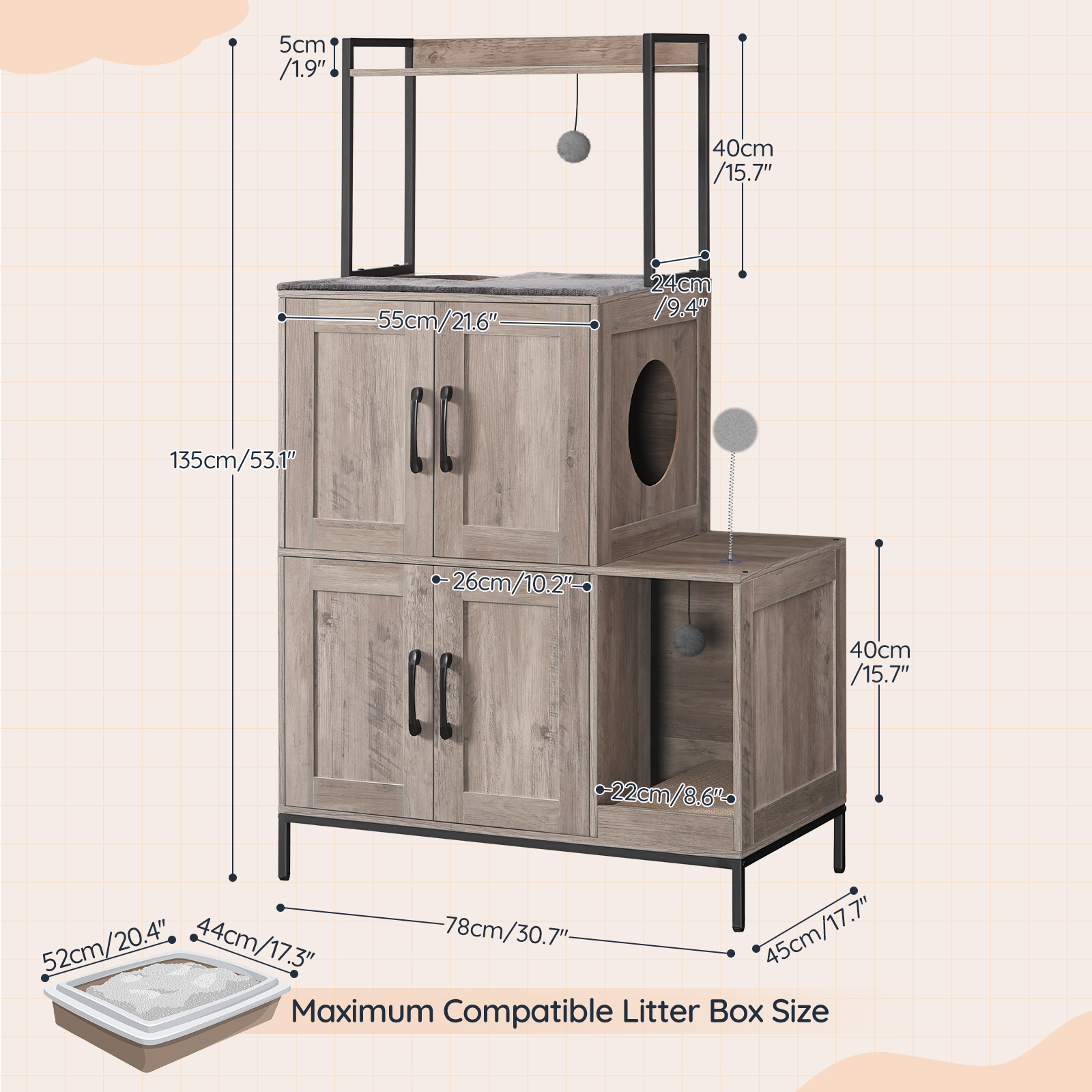 HOOBRO Hidden Double Litter Box Enclosure with Shelf, Greige and Black