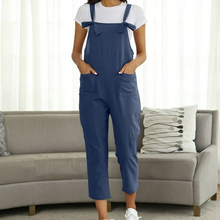 

YSEINBH Women s Jumpsuits Solid Color Spaghetti Strap Casual Bodysuit Sleeveless Summer Playsuit Romper Overalls Dark Blue S