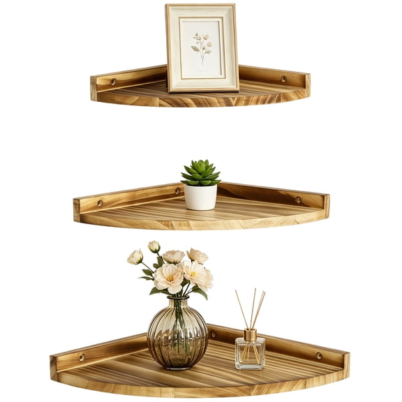 3 Pcs Solid Wood Corner Shelves Set, Wall-Mounted Fan-Shaped Floating Storage Organizer, Rustic Round Floating Shelf for Bathroom Kitchen Bedroom Living Room