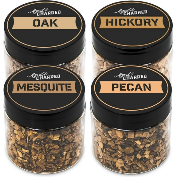 Wood Chips for Cocktail Smoker - Bold 4-Pack: Pecan - Hickory - Oak - Mesquite - Cocktail Smoker Chips - Whiskey Wood Chips by Aged & Charred