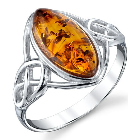 Women's Sterling Silver Baltic Amber Celtic Design Ring Cognac Marquise Shape Center Sizes 5-9
