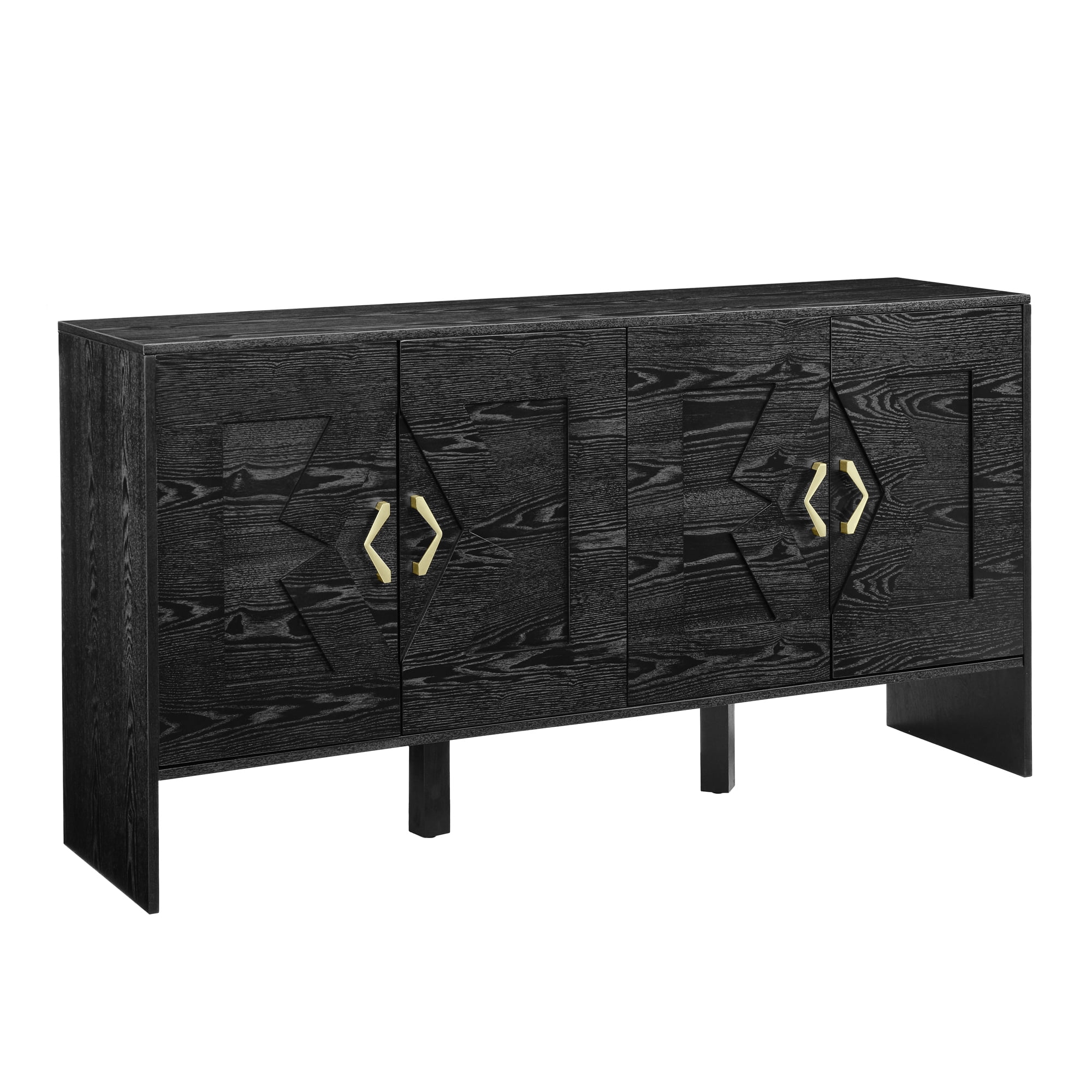 60" Sideboard Buffet Cabinet with Storage, TV Media Console, Storage Cabinet with Geometric Pattern & Adjustable Shelves for Kitchen Dining Living Room Entryway Hallway, Black