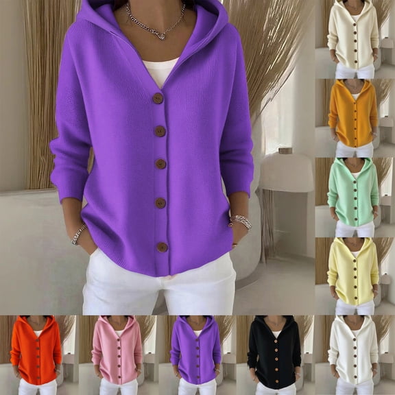 Women's Hooded Cardigan Button Front Knit Sweater Autumn Winter Casual Wear