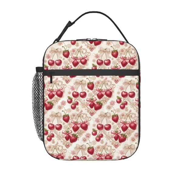 Strawberry Insulated Lunch Box Portable Handheld Reusable Cooler Handbag Front Pocket Cartoon Pattern Travel Work Office