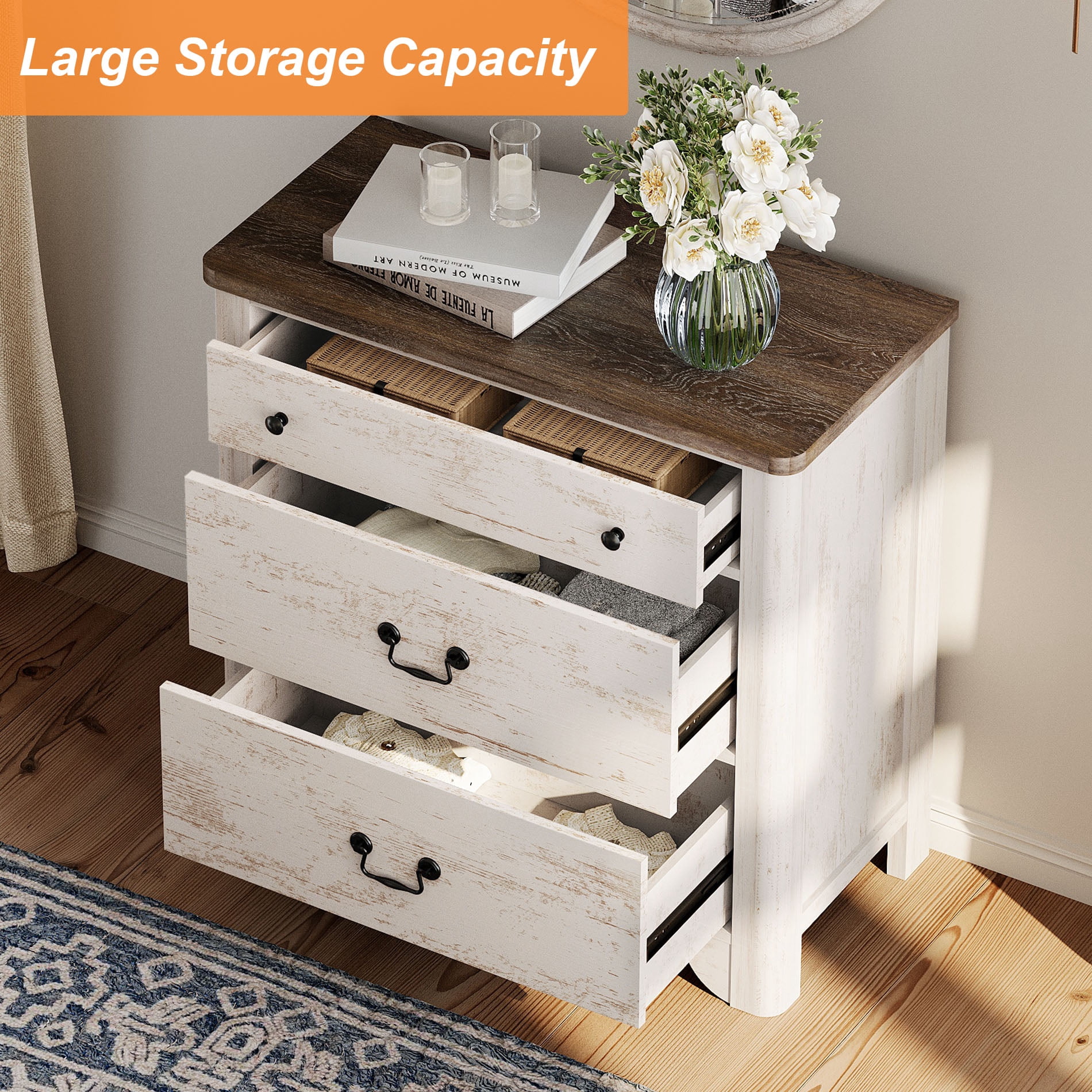 WAMPAT Farmhouse Nightstand with 3 Drawers, Large Wood Bedside Table Night Stand for Living Room, Bedroom, White