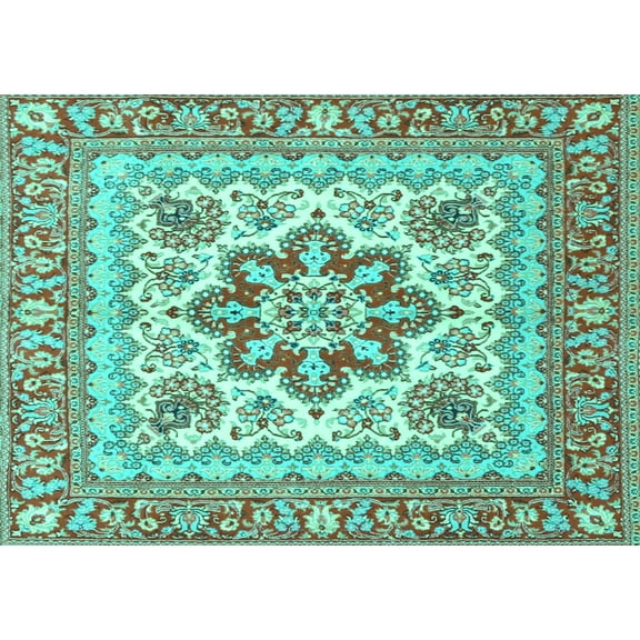 Ahgly Company Machine Washable Indoor Rectangle Medallion Turquoise Blue Traditional Area Rugs, 5' x 7'