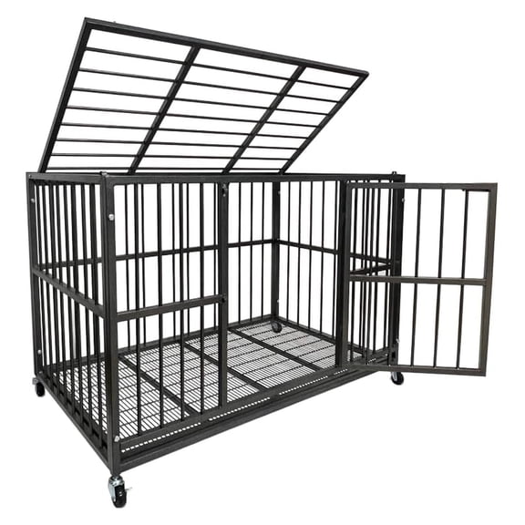 Heavy Duty Steel Dog Crate for Large XL XXL Dogs, Indestructible Escape Proof Kennel with High Anxiety, Removable Wire Trays, Wheels, Double Door Cage