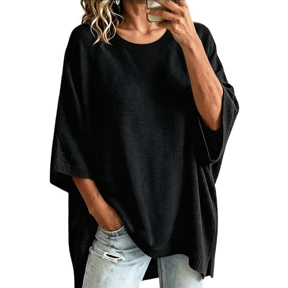 JIAYUE Women Crew Neck Knit Sweater Solid Color Batwing Short Sleeve Oversized Tunic Top for Outdoor Relaxing