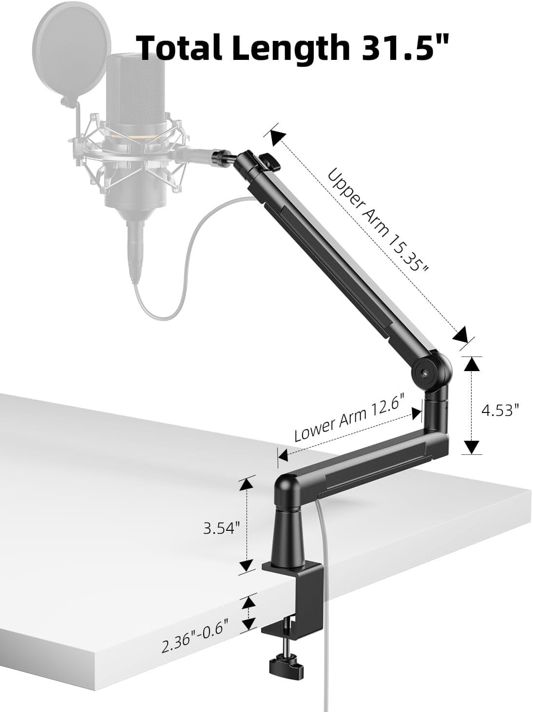 Heavy Duty  Arm Mic Stand with Extension Riser, Adjustable All Metal Desk Microphone Holder for Gaming Streaming Podcasting, 4.5LBS Load Capacity, 3/8 and 5/8 Inch Thread