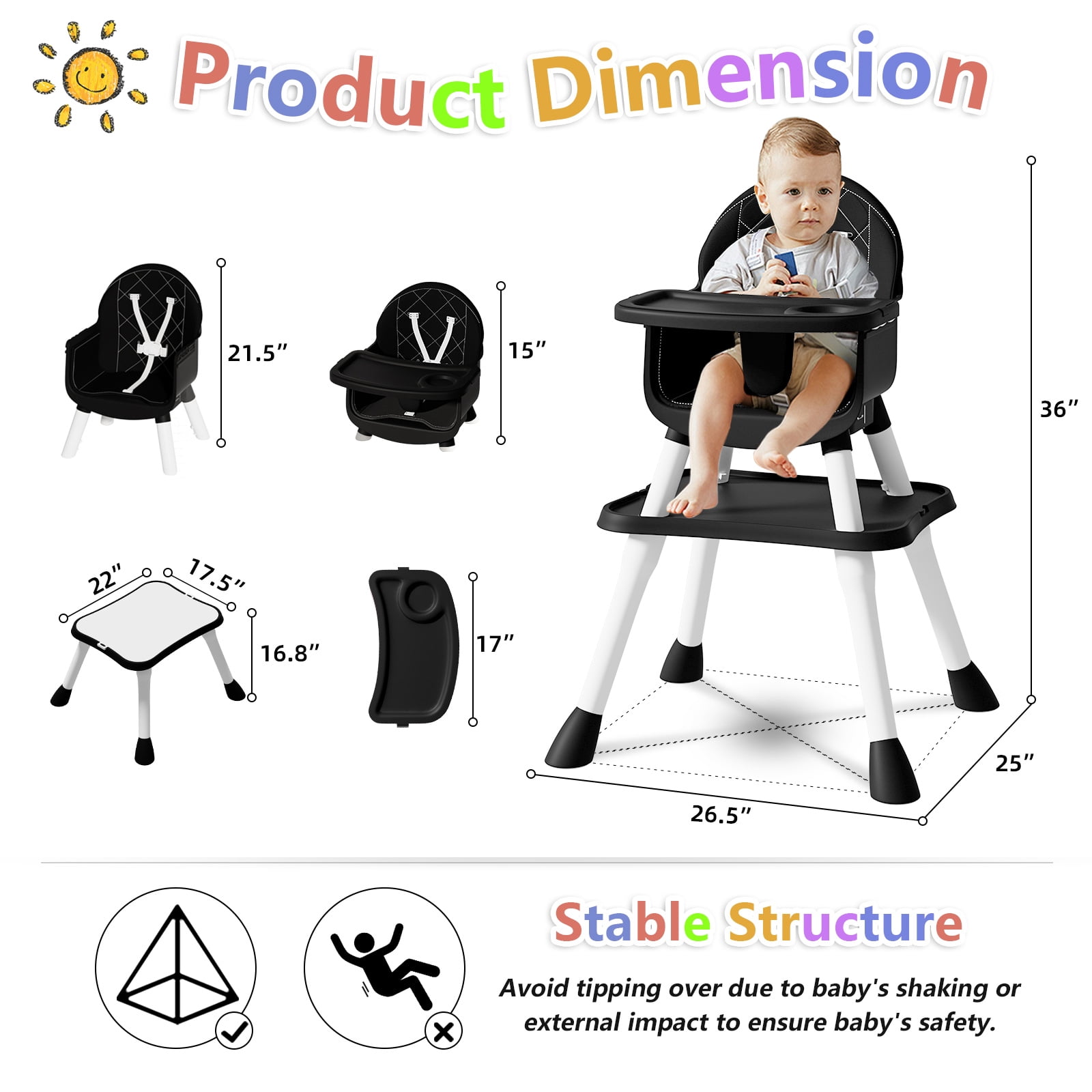 Baby High Chair 6 in 1 Convertible Highchair for Babies and Toddlers Booster Seat Floor Seat Function