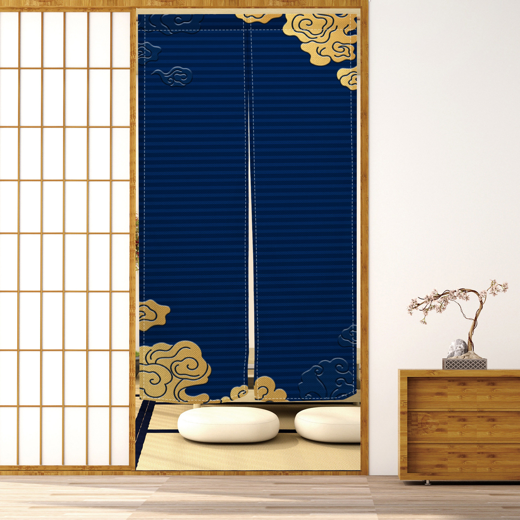 Noren Doorway Curtain Japanese Style Gold Cloud Printed Linen Window Treatment Door Tapestry for Home Decoration 33.5"x67",Navy Blue