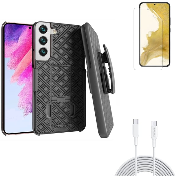 Matte Screen Protector & Case Belt Clip & 6ft Long Type-C Cable for Samsung Galaxy S22 (6.1") - TPU Film Anti-Glare & Holster Swivel & PD Fast Charger Cord Power Accessory Bundle