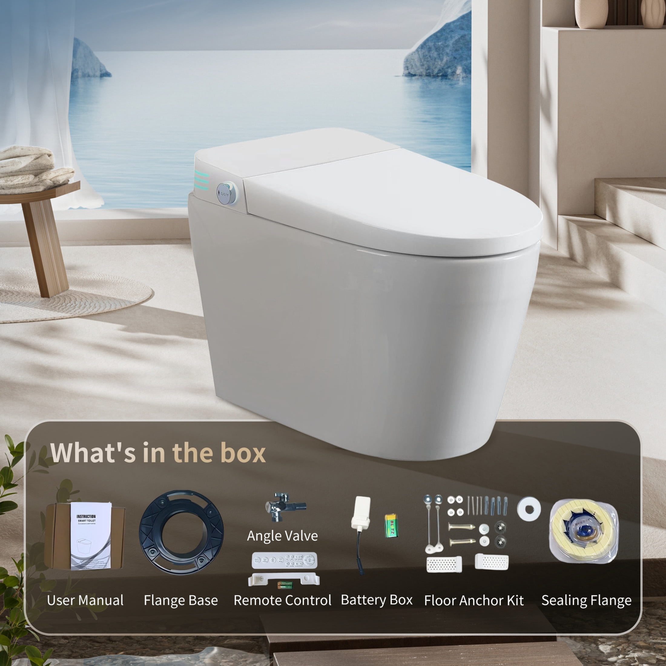 Noble House Tankless Smart Toilet with Bidet, Automatic Sensor One-Piece Bidet Toilet with Foot Sensor & Side Know, White