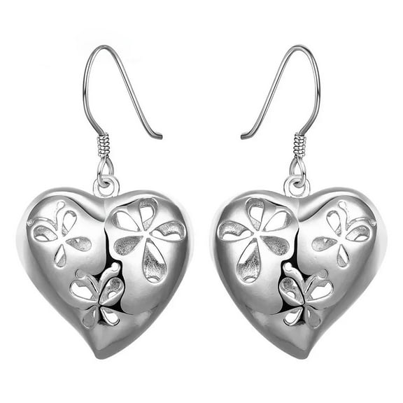 925 Sterling Silver Post Floral Heart Drop Dangle Earrings