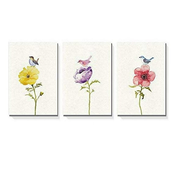 wall26-3 Panel Canvas Wall Art - Watercolor Painting Style Birds and Flowers - Giclee Print Gallery Wrap Modern Home Art Ready to Hang - 16"x24" x 3 Panels