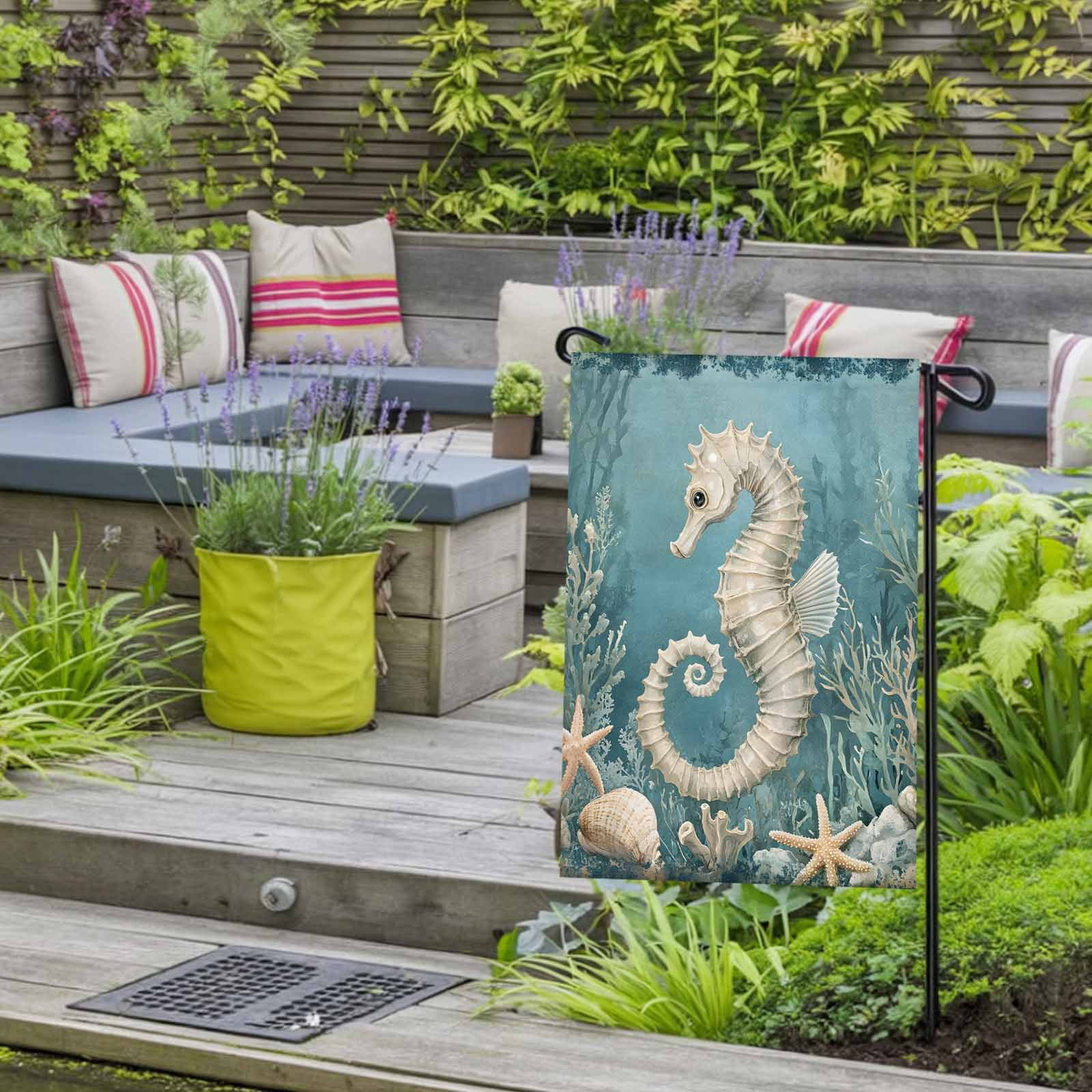 Garden Flag Double-Side Printed House Flag Seahorse Yard Flag Coral Starfish Blue Ocean Welcome Banner Decor Outdoor Holiday Decorations 28*40in