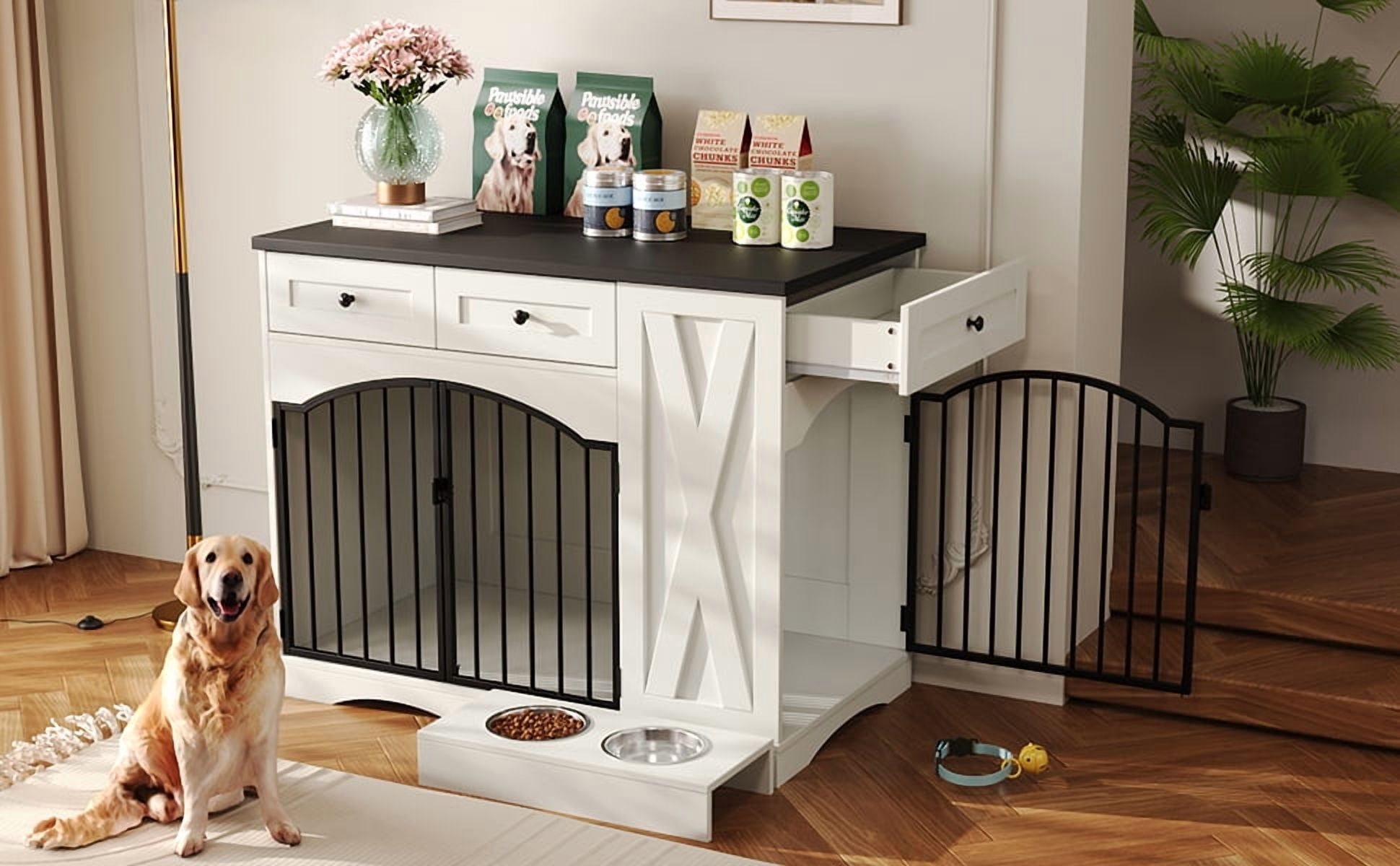 Mintazer 43.3" Farmhouse End Table Dog Crate Furniture & 2 Doors, Indoor Pet Kennel with 3 Storage Drawers & Detachable Feeder Tray, Dog Cage End Table for Medium Large Dogs, Black & White
