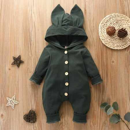 

Infant Baby Girls Boys Rompers Autumn Rabbit Ears Hooded Solid Long-sleeved Breasted Jumpsuitborn Romper Clothes
