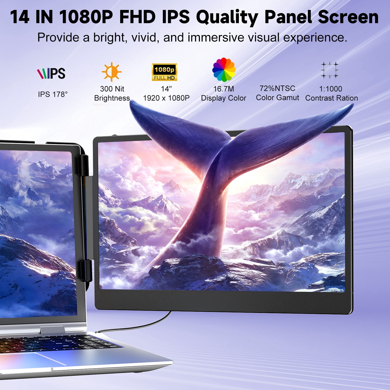 S2 Laptop Screen Extender, 14'' Triple Screen Monitor Extender, 1080P FHD Portable Monitor for Travel/Gaming/Work , HDMI/USB-A/USB-C for Mac/Windows/Chrome, Fits 13''-17.3" Laptops, Plug and Play