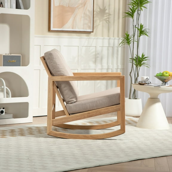 Upholstered Accent Glider Chair,Rubberwood Frame in Natural, Khaki