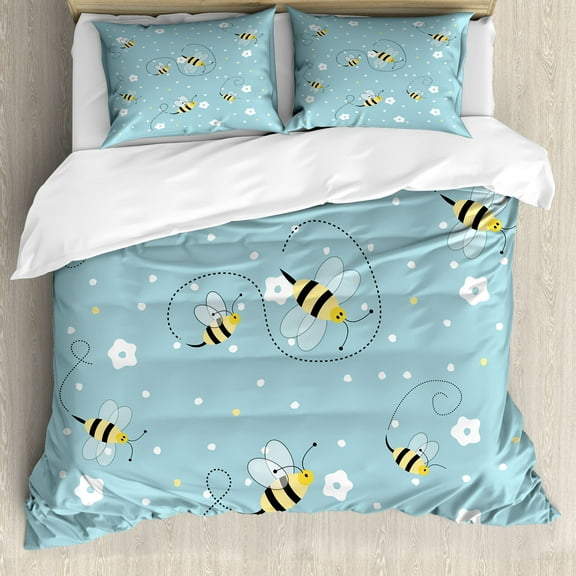 Springtime Duvet Cover Set, Cartoon Illustrated Flying Winged Bees Flower Petals Polka Dots, Decorative 3 Piece Bedding Set with 2 Pillow Shams, Calking Size, Pale Sky Blue and Yellow, by Ambesonne