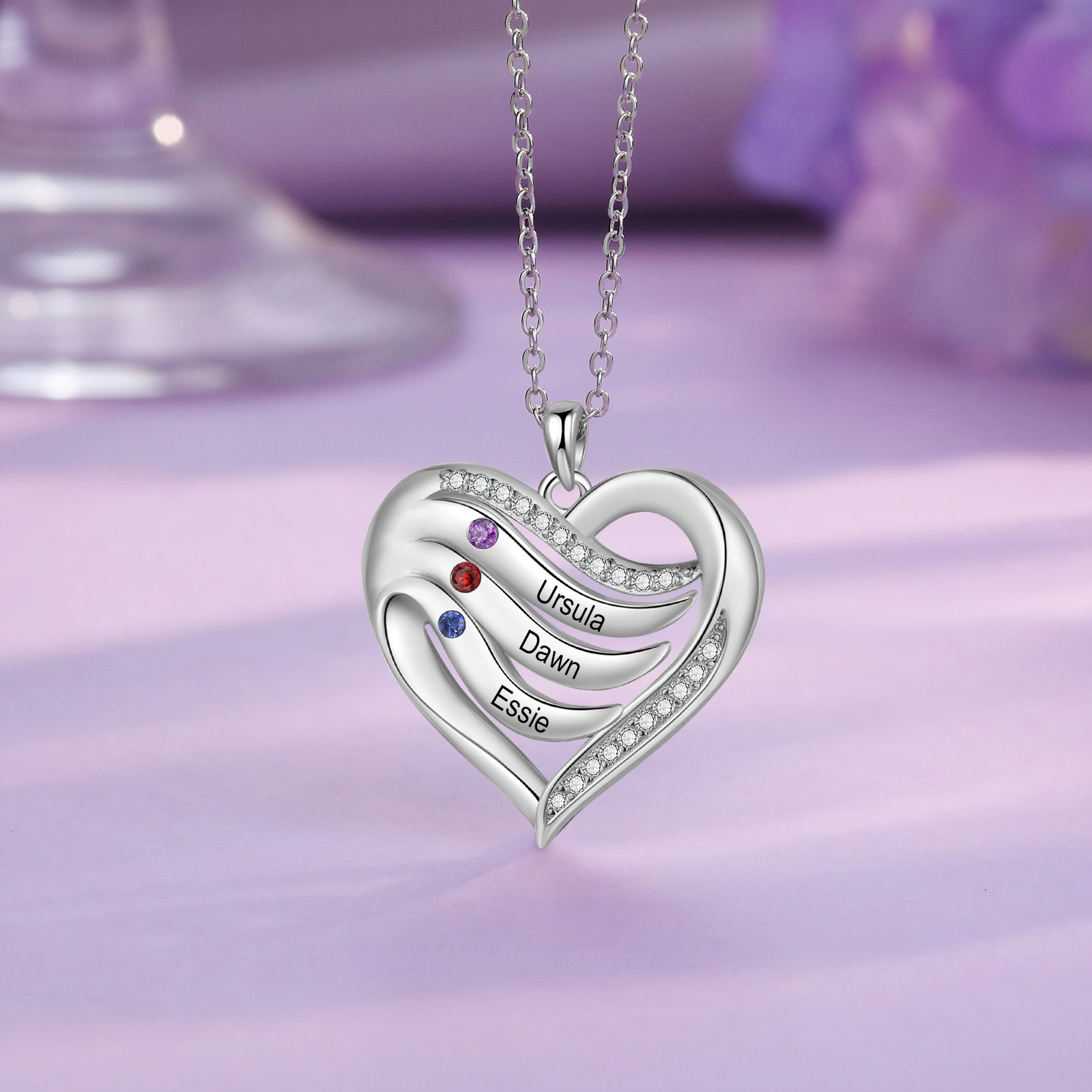 Mementos Personalized Family Mother's (Women's) Necklace Sterling Silver with 3 Birthstones Names