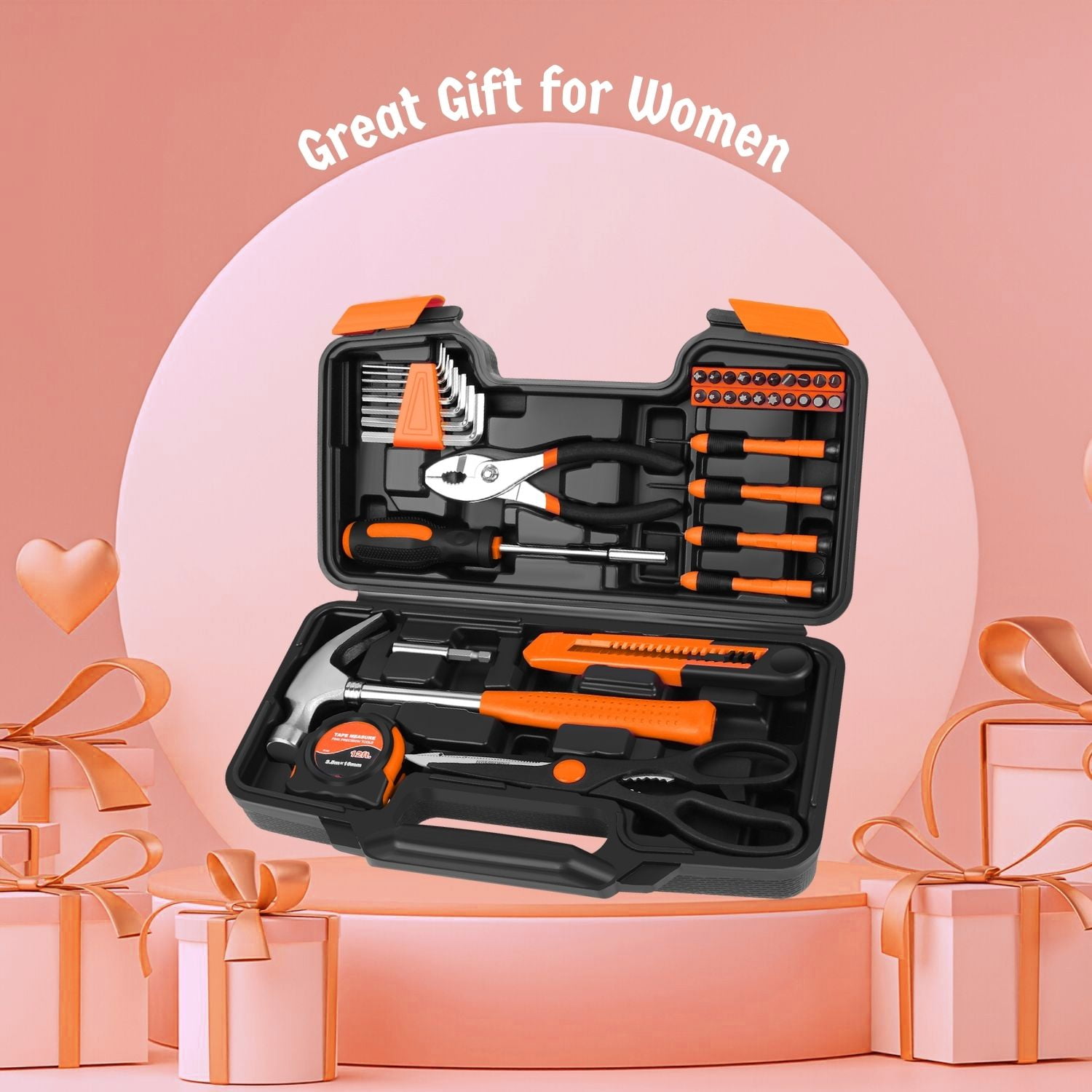 Tool Set Box - Hand Tool Kit & Accessories For General Household DIY Home Repair with Plastic Toolbox Storage Organizer Case - Homeowner's Tool Kit (Orange & Black)