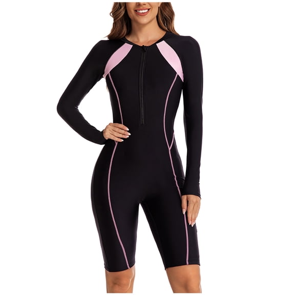 Odeerbi Womens Long Sleeve Rash Guard UV Protection One Piece Swimsuits Quick Dry Surfing Bathing Suit Sports Swim Jumpsuit Bodysuit Sun Protection Swimwear Pink