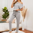 thumbnail image 3 of SWSMCLT Women's Plus Size Pajama Set Cotton Short Sleeve Oversized Loose Fit Summer Pjs Long Pants Lounge Set Comfy Solid Bateau Neck Thin Spring Grey Large, 3 of 5