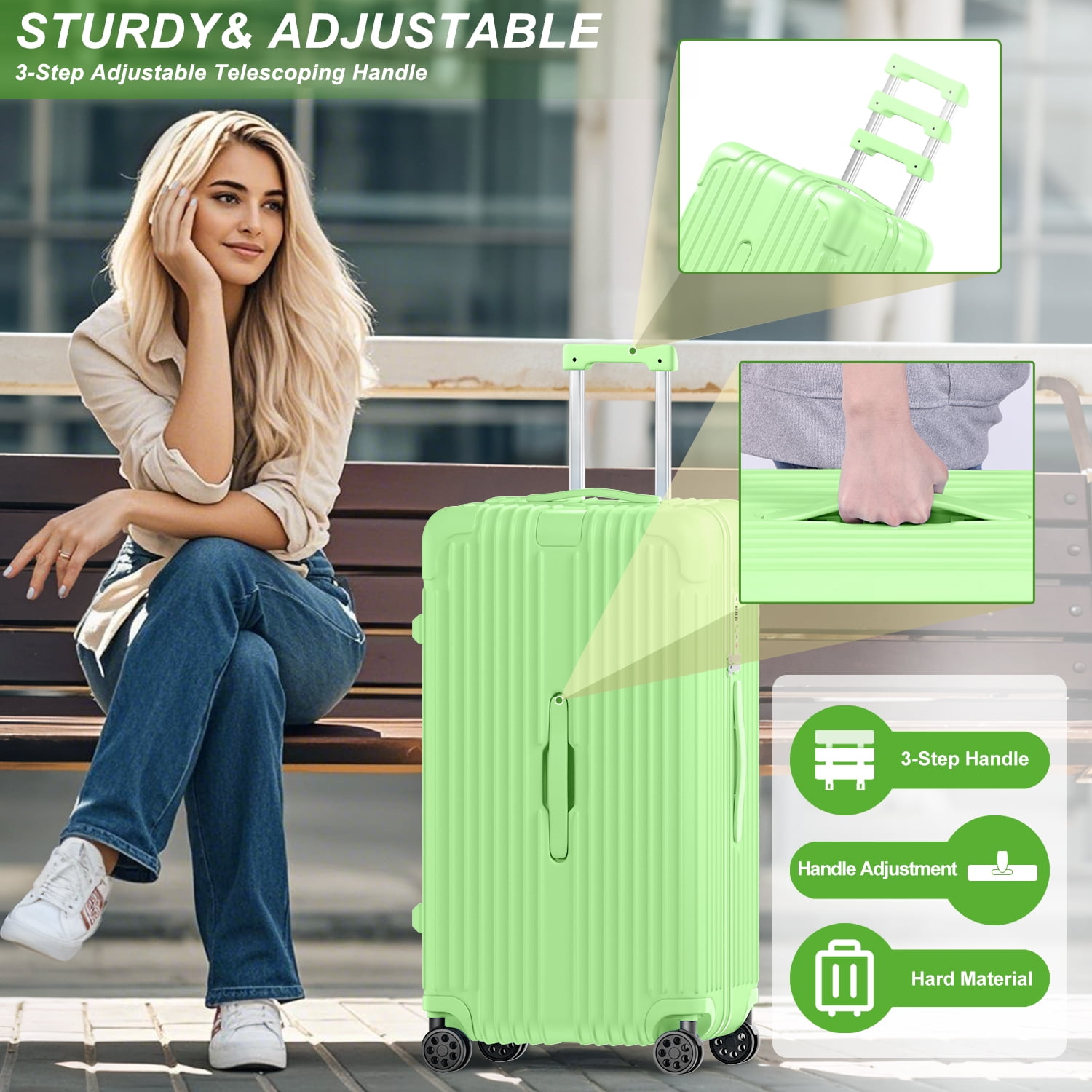 Checked Luggage PC ABS Hardshell Suitcase with Spinner Wheels TSA Lock USB Port and Cup Holder 28 inch AppleGreen