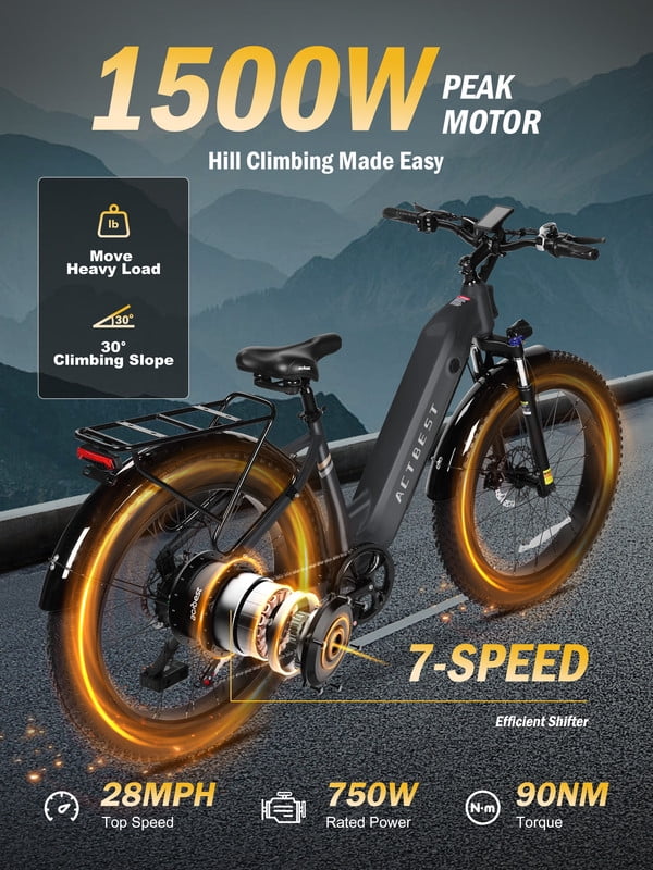Electric Bike for Adults Peak 750W 20MPH Brushless Motor,48V Electric Mountain Bikes, 26"×4 Fat Tires Ebike,7 Speed (Grey)