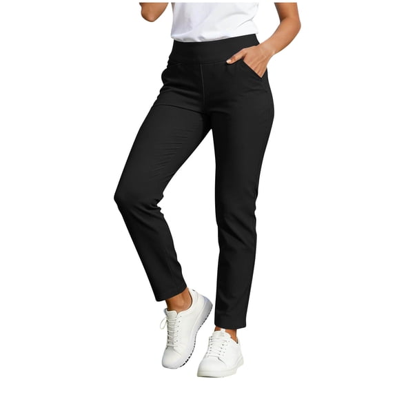 CheerKidz Women Solid Color Elastic Waistband Side Pockets Casual Straight Leg Pants Work Outdoor Activity Trousers Regular Shape Bottoms Daily Wear Trendy Fashion Style Outfit (Black, L).