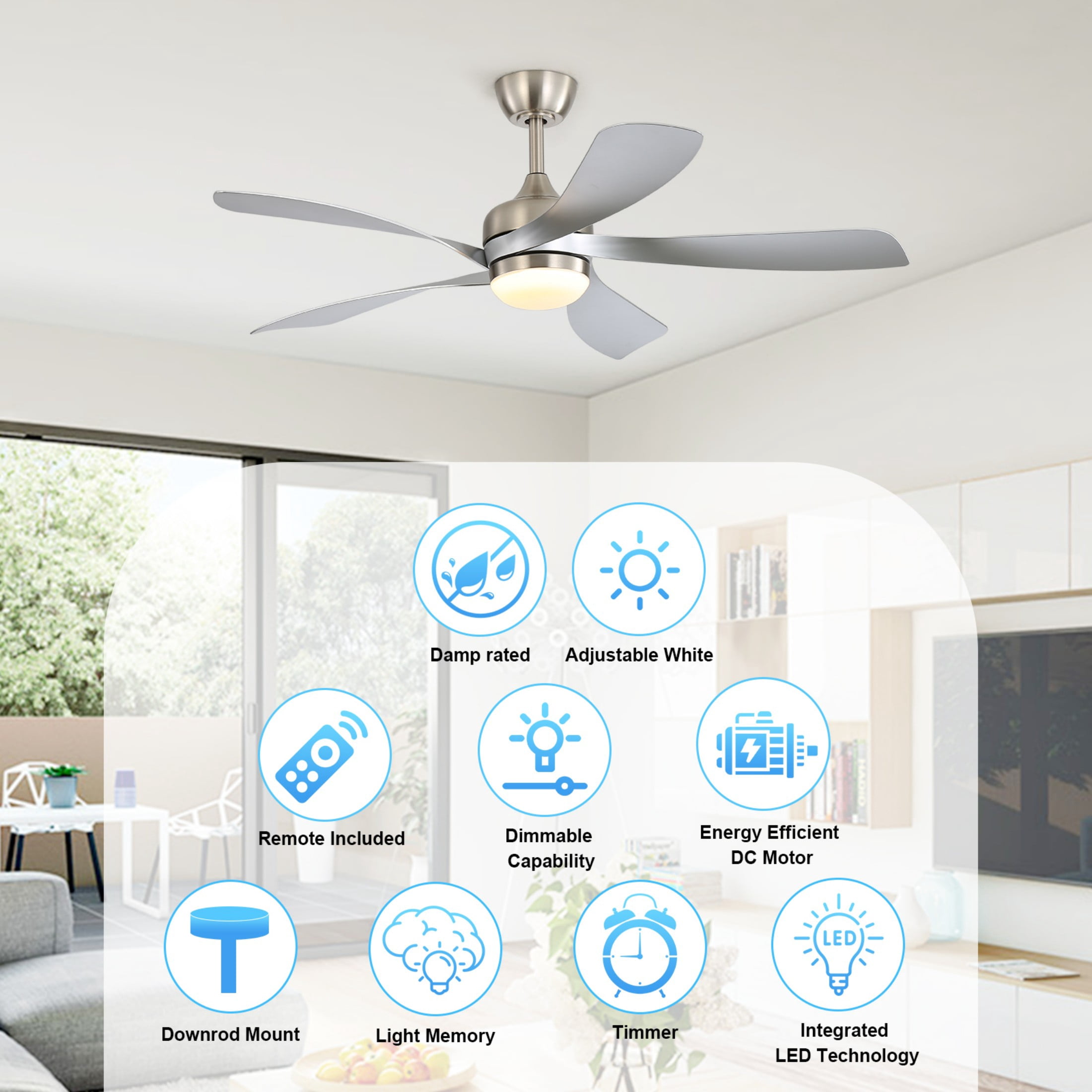 Sofucor 52" Smart Ceiling Fan, Indoor/Outdoor Ceiling Fans with Lights and Remote, Works with Alexa/Google/App, 3-Color Light 6-Speed Timing