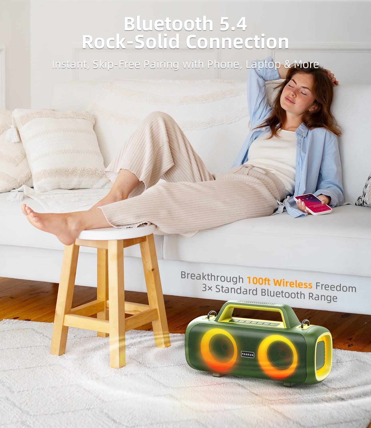 Portable Bluetooth Speaker IP65 Waterproof,140W Loud Sound,Bass Boost,Bluetooth 5.3, LED Lights,True Wireless Stereo Pairing,24H Playtime, for Home/Outdoor/Party/Beach, Fashionable Gift(Green)
