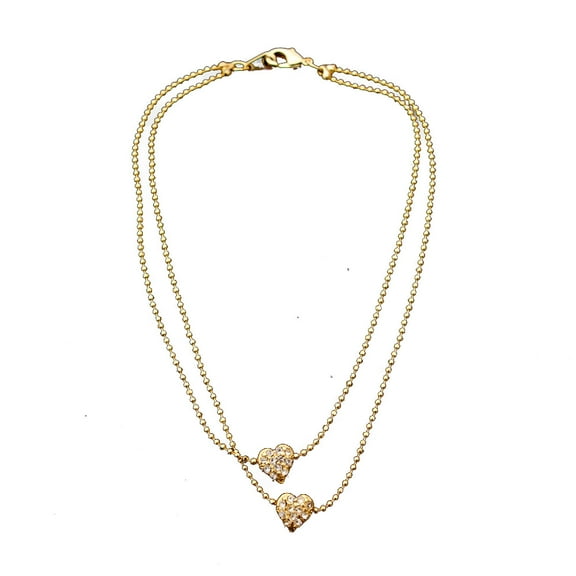 Gold 2 Row Strand with Double Gold and Crystal Rhinestone Heart Shape Anklet
