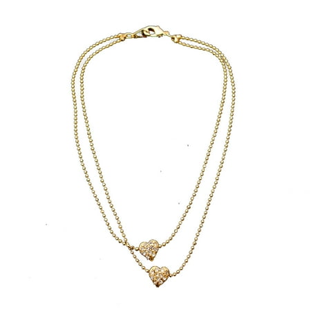 Filigree Heart Anklet - Gold 2 Row Strand with Double Gold and Crystal Rhinestone Heart Shape Anklet