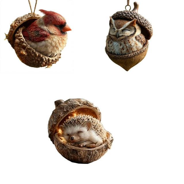 Adornos de animales de avellana de resina | Zorro, búho, conejo y erizo durmiendo | Decoración artesanal para árboles de Navidad para amantes de la naturaleza | Paquete de 3