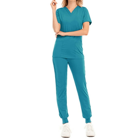 Colisha Women Plain Scrub Set Sweetheart V-Neck Scrub Top with Pockets & Yoga Jogger Scrub Pants