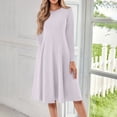 thumbnail image 2 of Kddylitq Womens 2024 Fall Trendy Crew Neck Long Sleeve A Line Flowy Casual Midi Dress with Pockets Light Purple 2XL, 2 of 5
